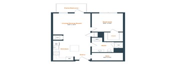 A floor plan of a home with a living room, dining room, kitchen, and bedroom.