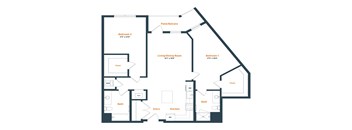 A floor plan of a house with two bedrooms, a living room, a dining room, a kitchen, two bathrooms, an entry, and a closet.