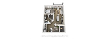 A floor plan of a two-bedroom apartment with a living room, kitchen, and bathroom.