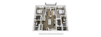 A 3D floor plan of a house with two bedrooms, a living room, a kitchen, and a bathroom.