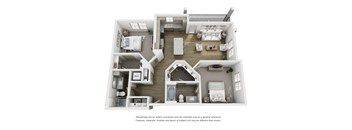 A white and wood floor plan of a house with a kitchen, living room, dining room, and two bedrooms.