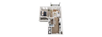 A top down view of a small apartment with a kitchen, living room, and bathroom.