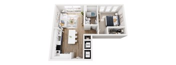 A top down view of a small apartment with a kitchen, living room, and bedroom.
