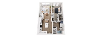 A top down view of a small apartment with a kitchen, living room, and bedroom.