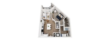 A top down view of a small apartment with a kitchen, living room, and bathroom.