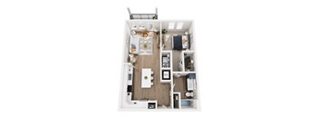 A top down view of a small apartment with a kitchen, living room, and bathroom.