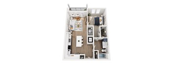 A top-down view of a small apartment with a kitchen, living room, and bedroom.