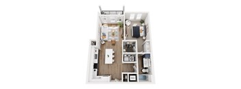 A top down view of a small apartment with a kitchen, living room, and bedroom.