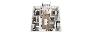 A top-down view of a small, neatly organized apartment with a kitchen, living room, and bedrooms.