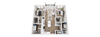 A top-down view of a small apartment with a kitchen, living room, and bedrooms.
