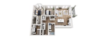 A top-down view of a small apartment with a kitchen, living room, and bathroom.