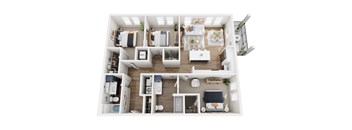 A top-down view of a small apartment layout with a kitchen, living room, and bedrooms.