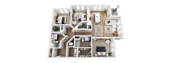A top-down view of a modern apartment layout with multiple rooms and furniture.