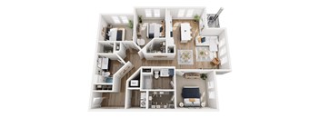 A top-down view of a modern apartment layout with multiple rooms and furniture.