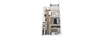 A top down view of a small apartment with a kitchen, living room and bathroom.