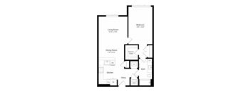 A floor plan of a house with a living room, dining room, kitchen, bathroom, bedroom, and spacious closet.