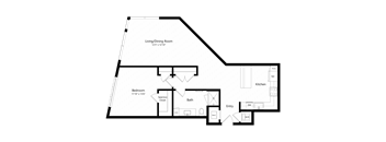 A floor plan of a house with a living/dining room, kitchen, bedroom, bathroom, and entry.
