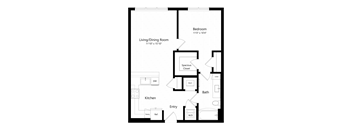 A floor plan of a small apartment with a living/dining room, kitchen, bathroom, bedroom, and entry.
