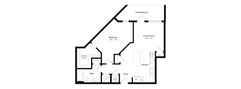 A floor plan of a house with a bedroom, living room, kitchen, bathroom, and a spacious closet.