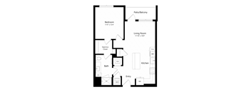 A floor plan of a house with a bedroom, living room, kitchen, bath, and closet.