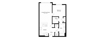 A floor plan of a house with a living/dining room, kitchen, bath, and bedroom.