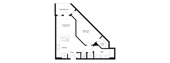 A floor plan of a house with a living room, bedroom, kitchen, bathroom, and closet.