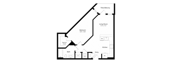 A floor plan of a house with a living room, bedroom, and kitchen.