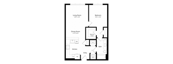 A floor plan of a house with a living room, dining room, kitchen, bedroom, bathroom, and a spacious closet.