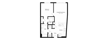 A floor plan of a house with a bedroom, living/dining room, kitchen, bath, and a spacious closet.