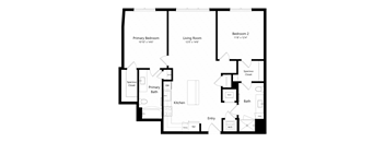A floor plan of a house with three bedrooms and a kitchen.