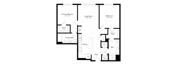 A floor plan of a house with a primary bedroom, a living room, a secondary bedroom, a bathroom, a kitchen, and an entry.