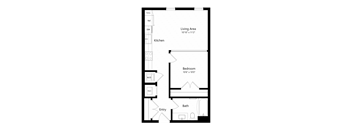 A floor plan of a small apartment with a living area, kitchen, bedroom, and bathroom.