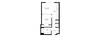 A floor plan of a small apartment with a living area, kitchen, bedroom, bathroom, and entry.