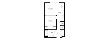 A floor plan of a small apartment with a living area, kitchen, bedroom, bathroom, and entry.