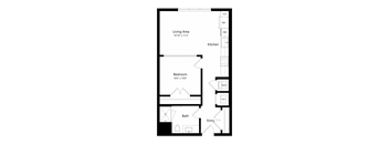 A floor plan of a house with a living area, kitchen, bedroom, bathroom, and entry.