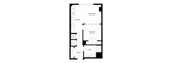 A floor plan of a house with a living area, kitchen, bedroom, bathroom, and entry.