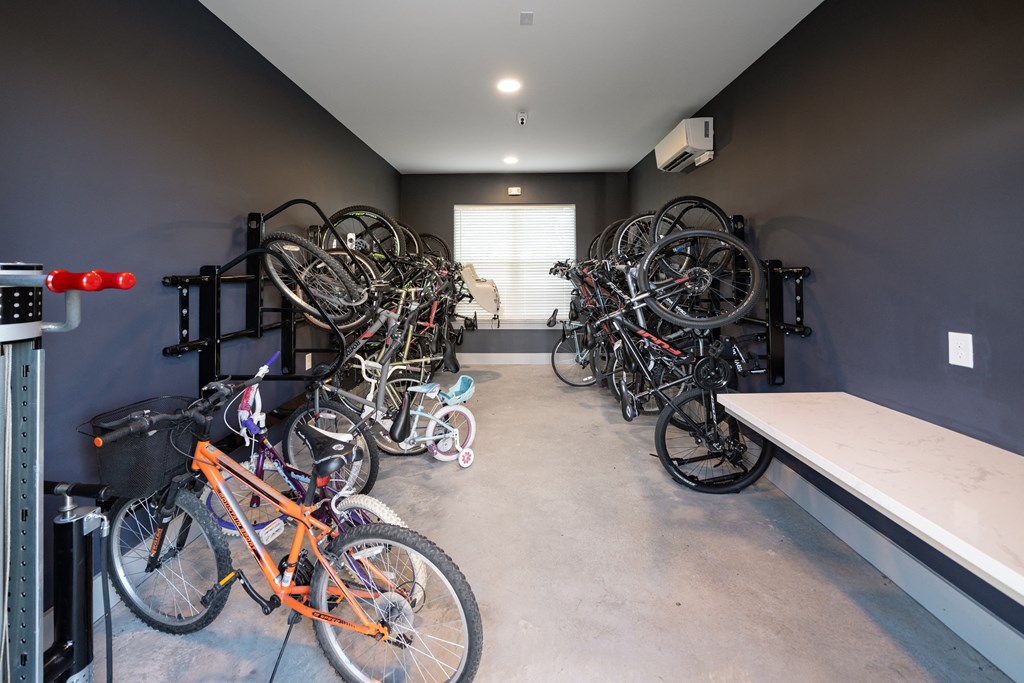 a group of bikes parked in a room