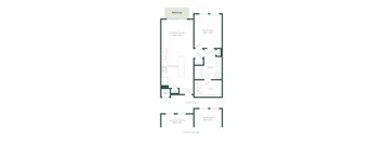 A floor plan of a two-bedroom apartment with a living room, kitchen, and bathroom.