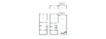 A diagram of a house layout with three units, each with a balcony, living room, and kitchen.