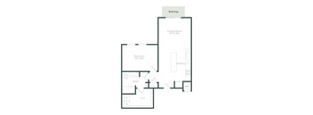 A floor plan of a home with a living room, bedroom, bathroom, and kitchen.