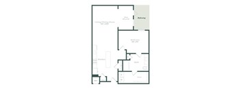 A floor plan of a home with a living/dining room, kitchen, bath, and bedroom.