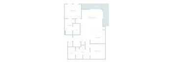 A floor plan of a home with a living room, two bedrooms, a kitchen, and a bathroom.