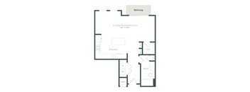 A floor plan of a balcony with a living/bedroom area, kitchen, bath, and closet.