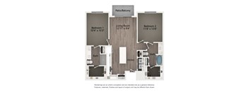 A floor plan of a home with three bedrooms, a living room, a kitchen, and two bathrooms.