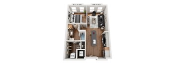 A floor plan of a small apartment with a kitchen, living room, and bathroom.