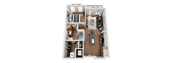 A top-down view of a small apartment layout with a kitchen, living room, and bathroom.