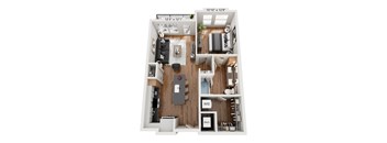 A floor plan of a small apartment with a kitchen, living room, and bathroom.