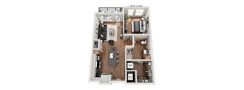 A floor plan of a small apartment with a kitchen, living room, and bathroom.