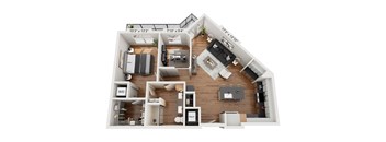 A 3D floor plan of a house with a living room, kitchen, and two bedrooms.