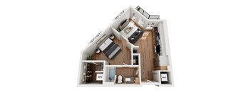A top down view of a house layout with a living room, kitchen, and bathroom.